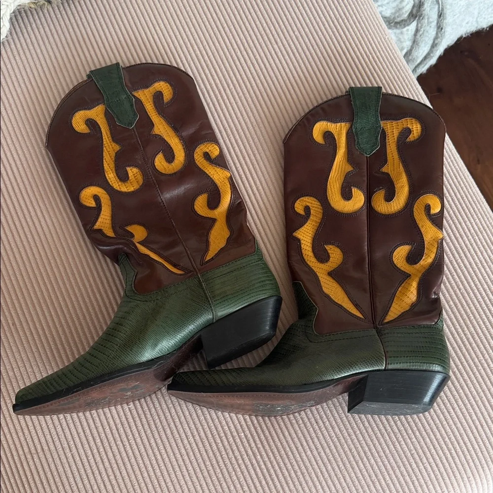 Western cowboy boots,, Green, Brown & Yellow - Picture 2 of 9